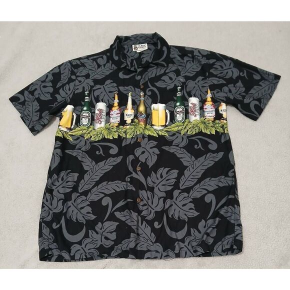 Vintage mens medium Hawaiian Aloha beer bottles gray casual shortsleeve shirt - Picture 1 of 7